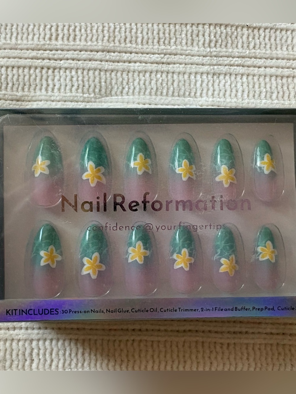 Nail Reformation turquoise Ombre Press-On Nails with Yellow Flower Accent